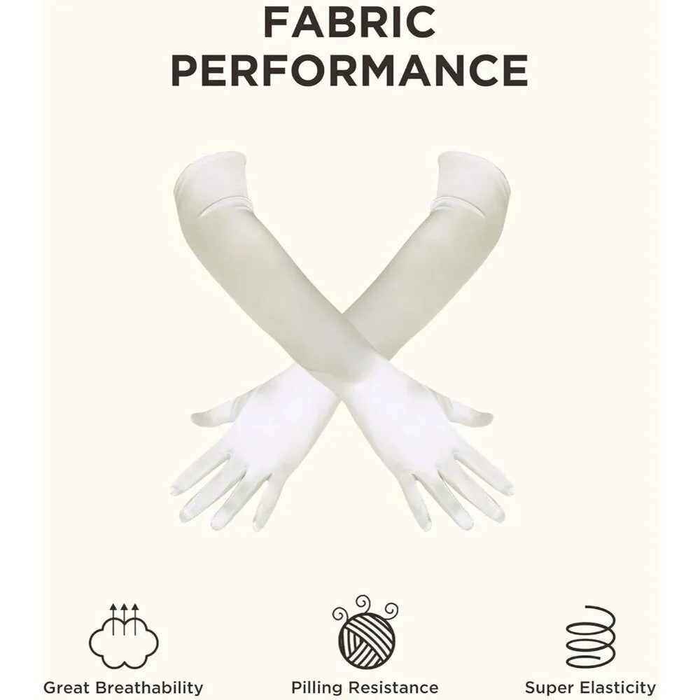 Women's Off-White Vintage Satin Long Gloves Party Costume Stretchy Elbow Length